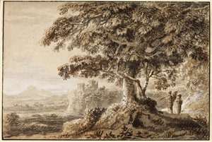Landschap - rotsachtige voorgrond en twee figuren